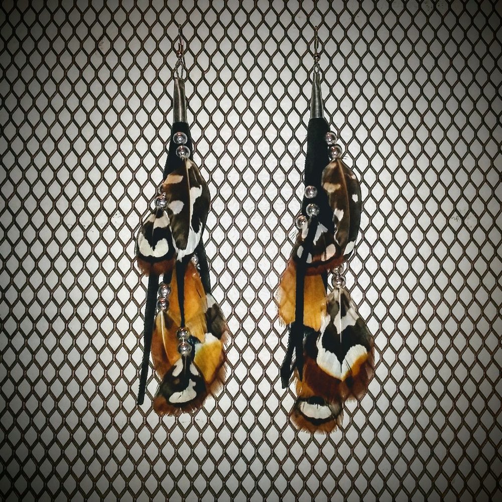 American Indian Style Suede, Feather and Silver Bead Earrings